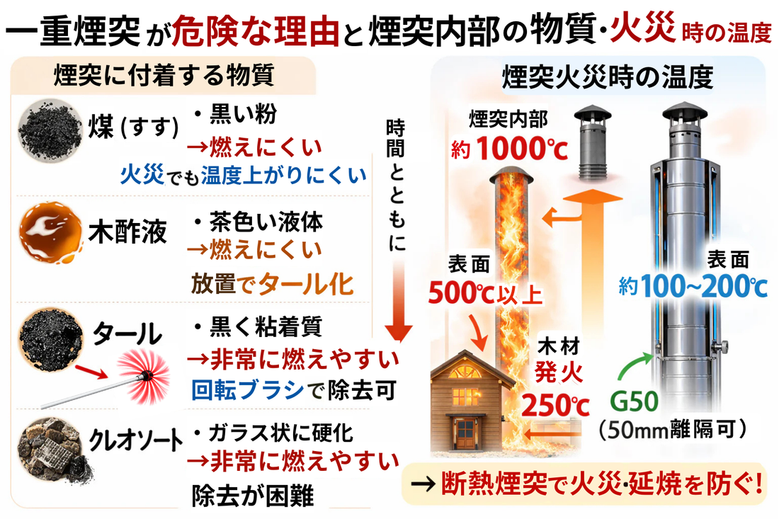 一重煙突が危険と言われる理由　タール・クレオソート・木酢液・煤の違いと煙突火災