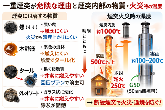 一重煙突が危険と言われる理由　タール・クレオソート・木酢液・煤の違いと煙突火災