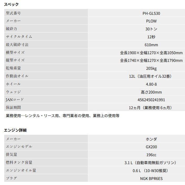 PLOW製30トン　縦横兼用エンジン薪割り機 GLS30B　4分割カッター付き　送料込み