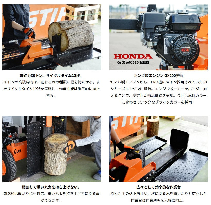PLOW製30トン　縦横兼用エンジン薪割り機 GLS30B　4分割カッター付き　送料込み