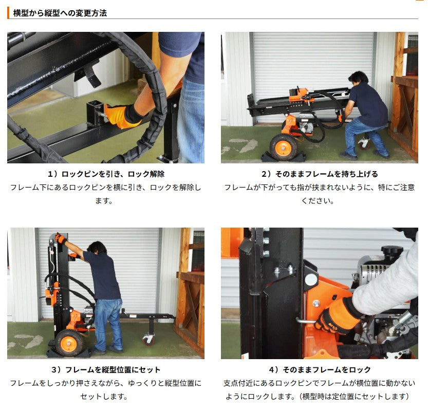 PLOW製30トン　縦横兼用エンジン薪割り機 GLS30B　4分割カッター付き　送料込み