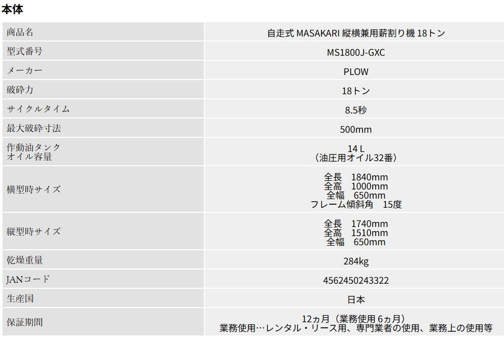 【ご予約商品】PLOW　自走式 エンジン薪割り機 MS1800J-GXC　国産品　送料込み