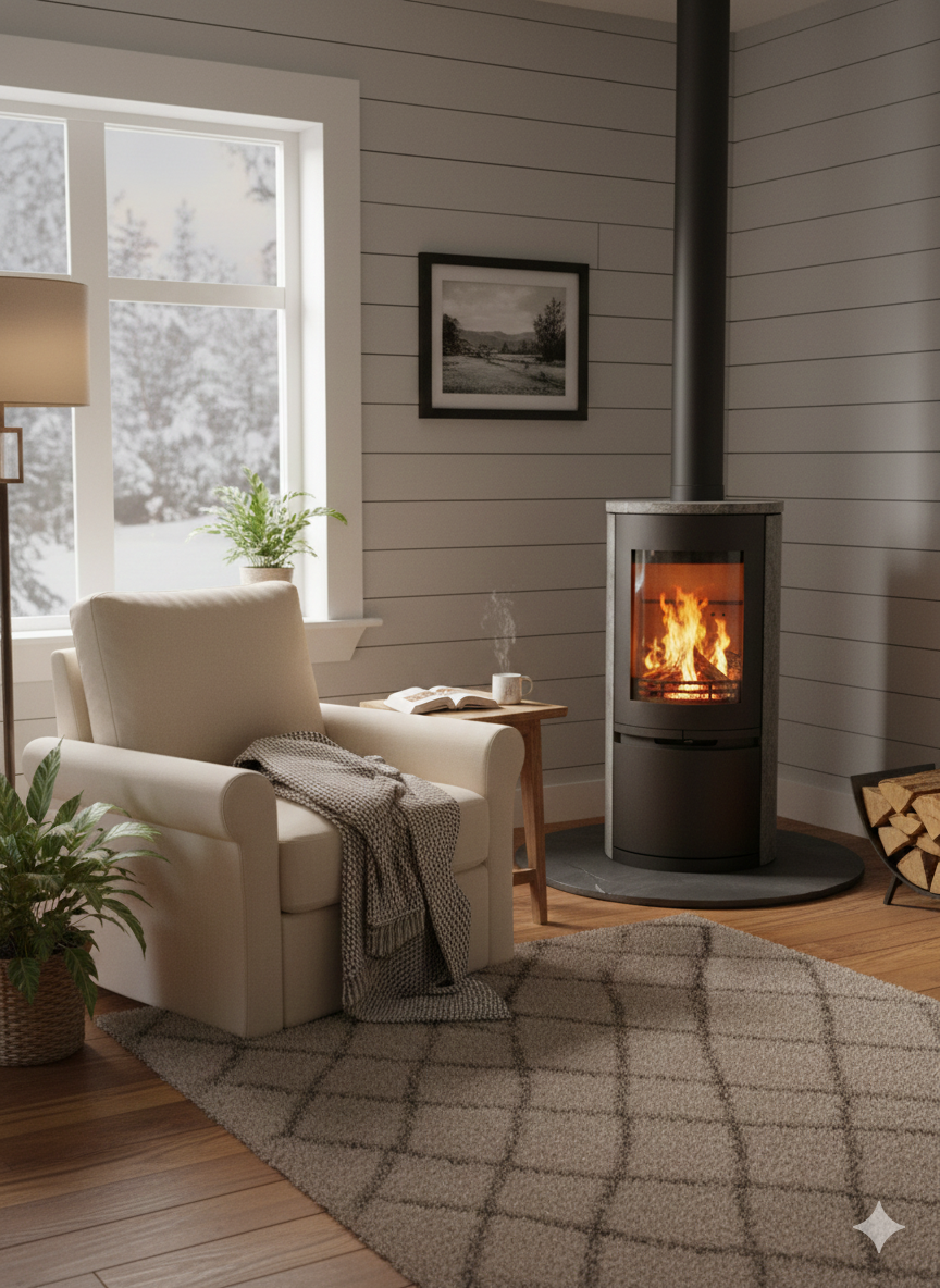 CF500RS ソープストーン円筒型薪ストーブ　５kw 外気吸入ユニット付属機種