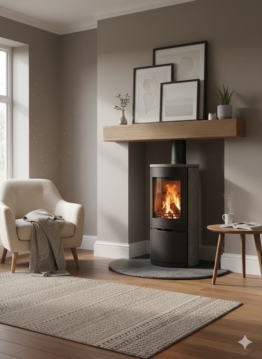 CF500RS ソープストーン円筒型薪ストーブ　５kw 外気吸入ユニット付属機種