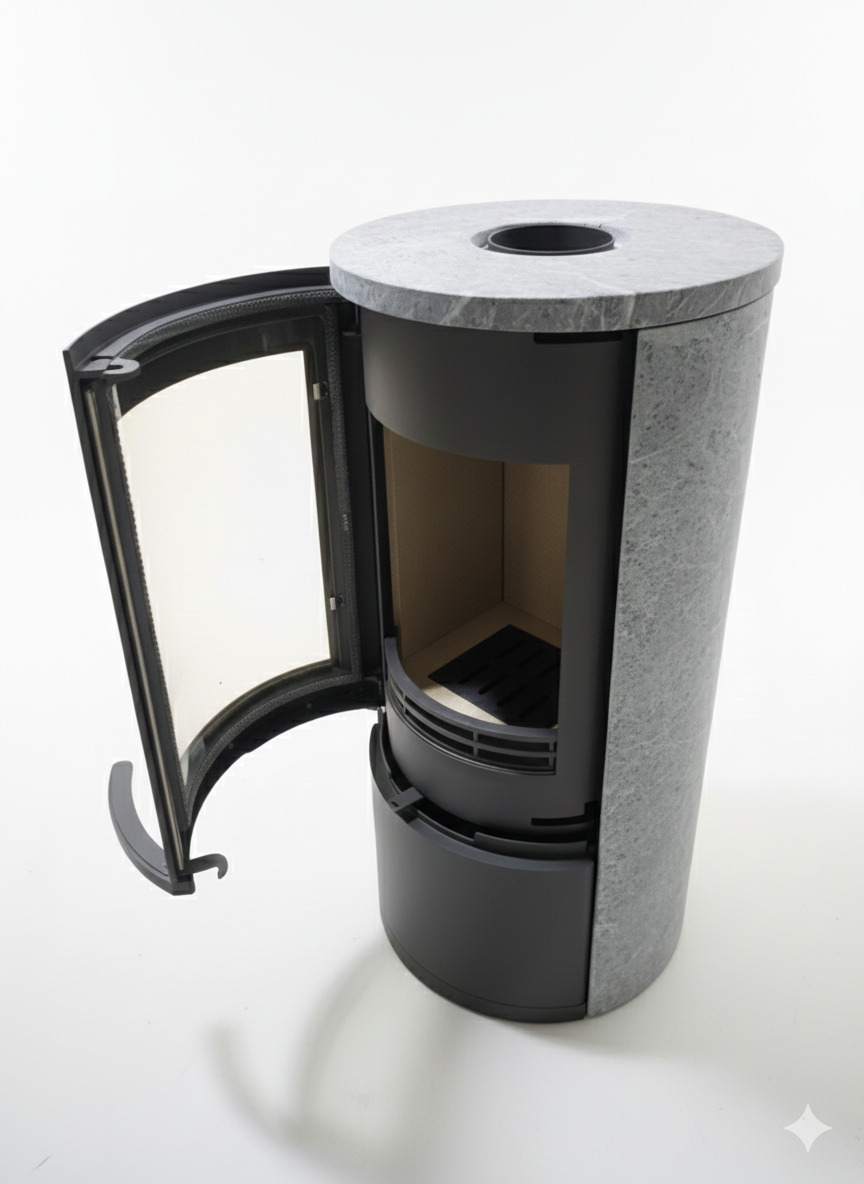 CF500RS ソープストーン円筒型薪ストーブ　５kw 外気吸入ユニット付属機種